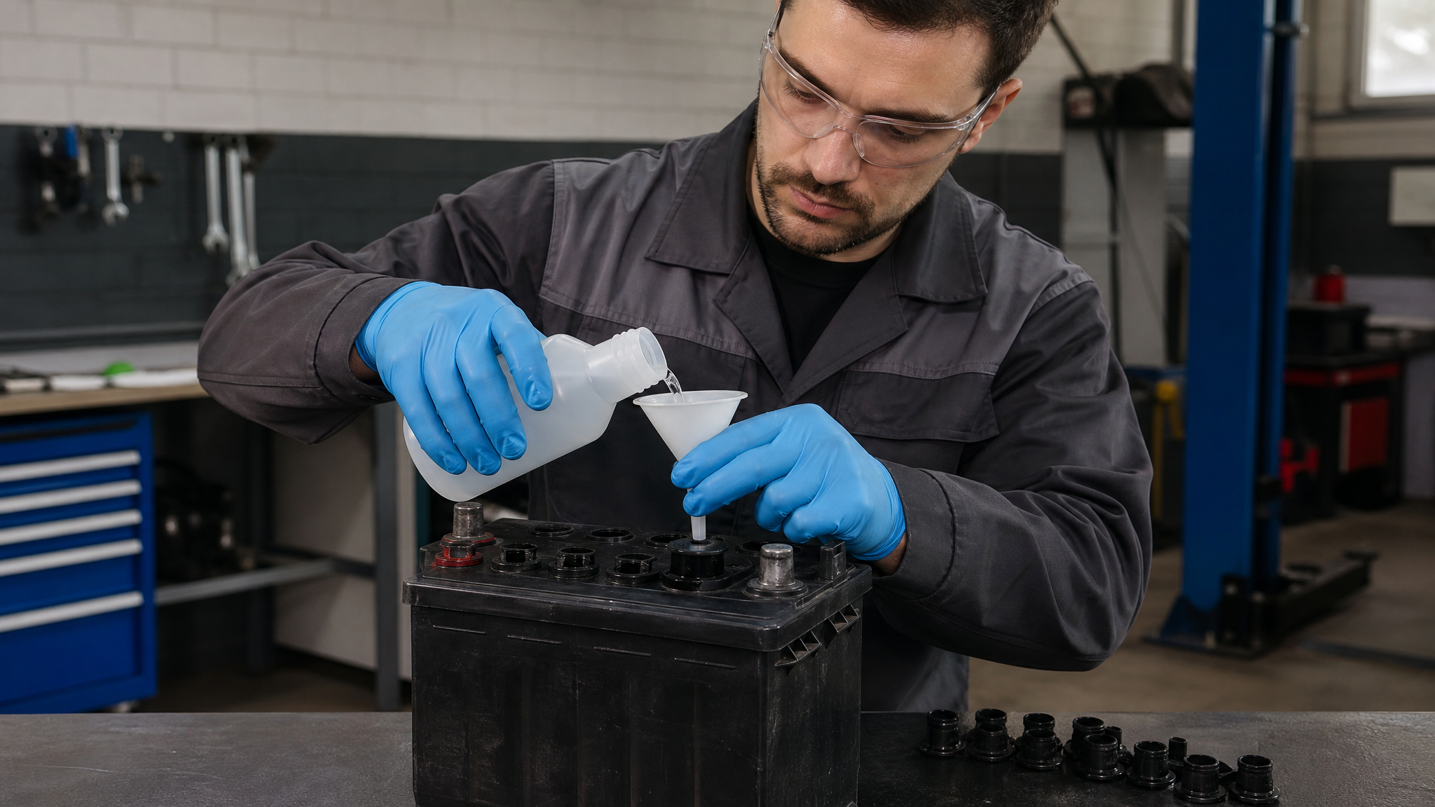 Adding distilled water to a flooded car battery