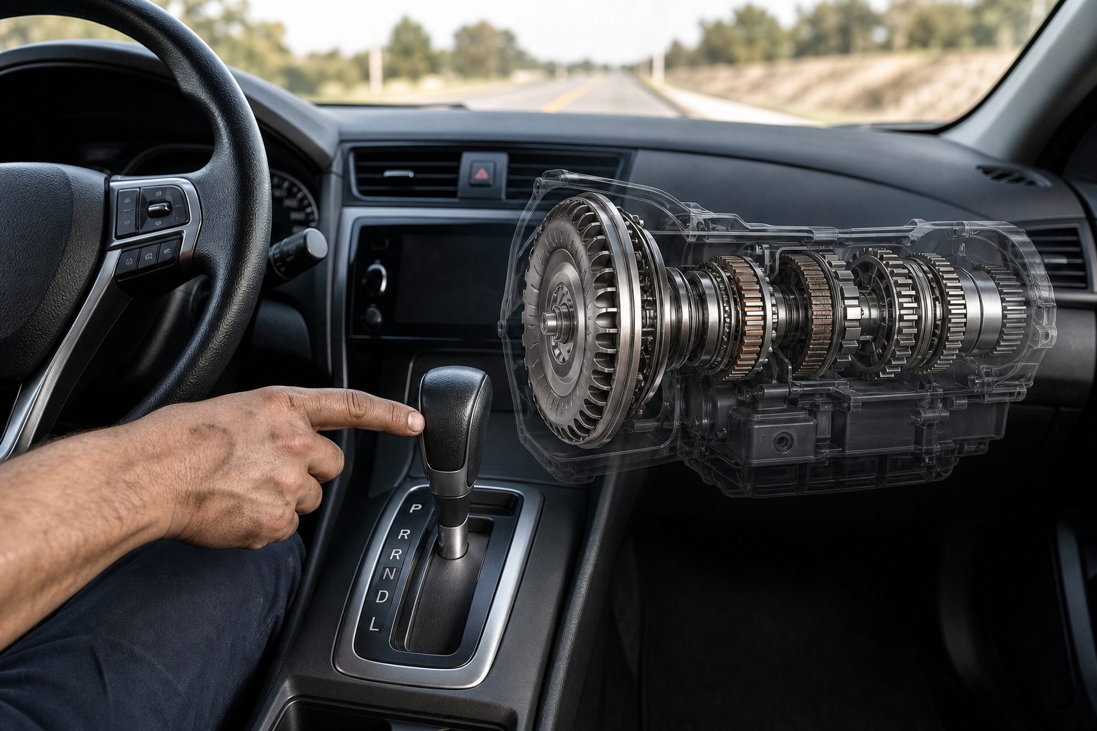 Automatic gear selector in Drive and Neutral with transmission cutaway explaining what neutral does