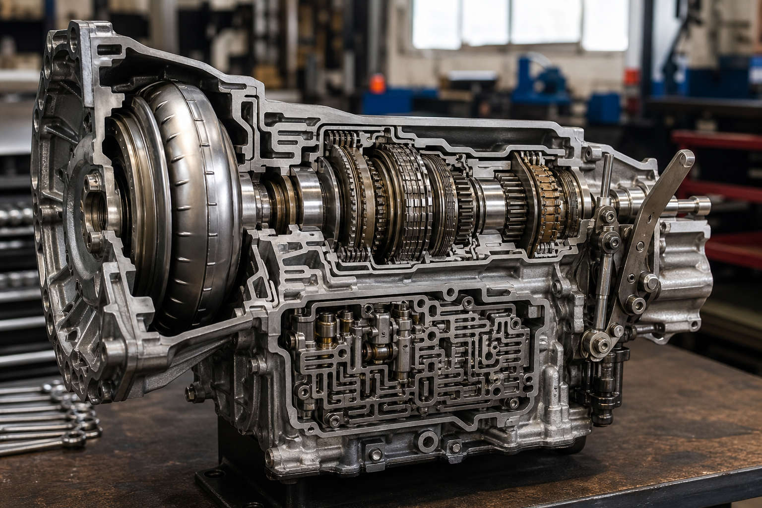 Automatic transmission cutaway with torque converter clutches valve body and parking pawl for neutral and park explanation
