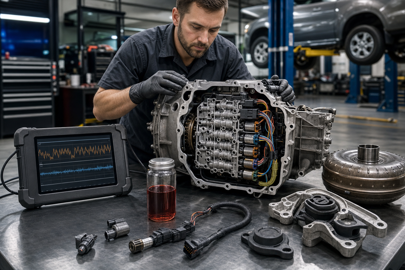 Automatic transmission jerking diagnosis with valve body solenoids transmission fluid and scan tool in a repair shop