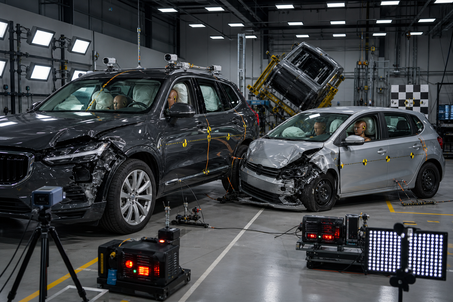 Bigger car safety comparison in a crash test lab showing crumple zones airbags and modern safety systems
