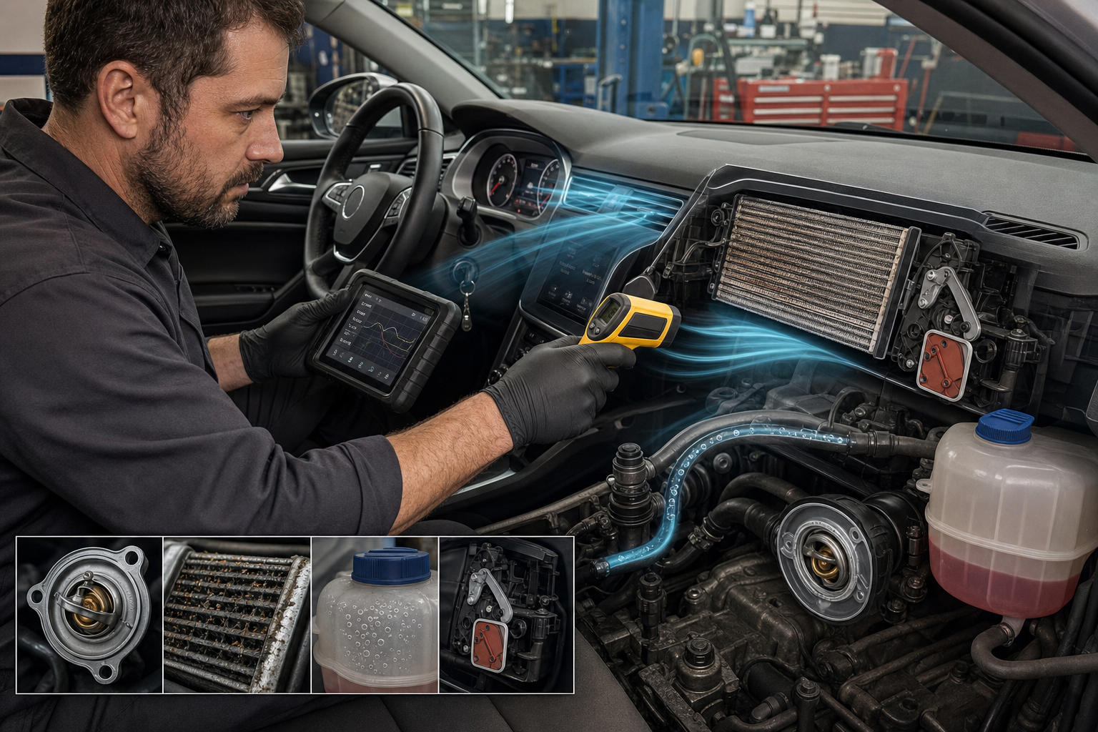 Car heater not working diagnosis showing heater core thermostat coolant hoses blend door actuator and dashboard vents