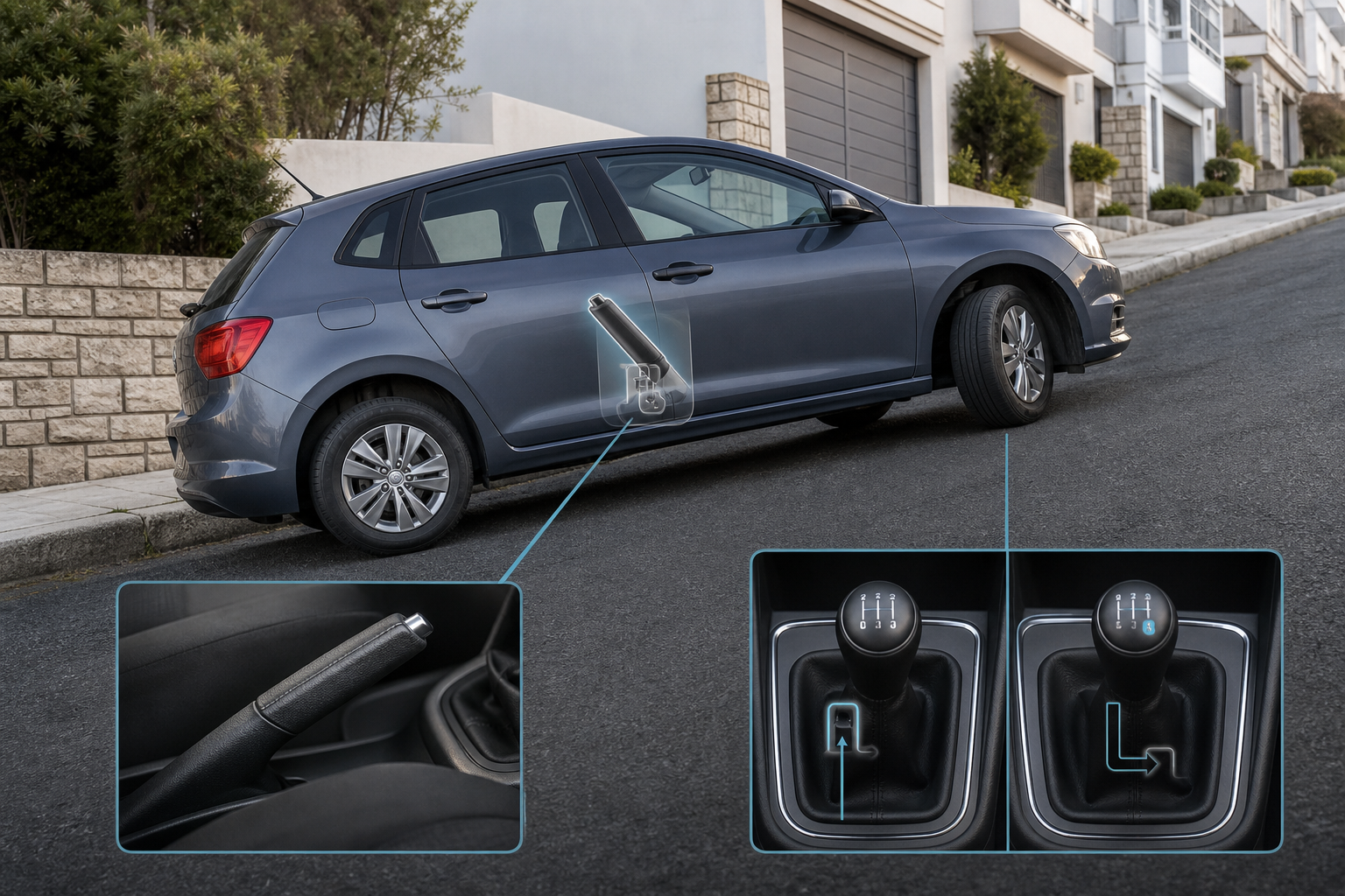 Manual car parked on an incline with parking brake engaged and transmission left in gear