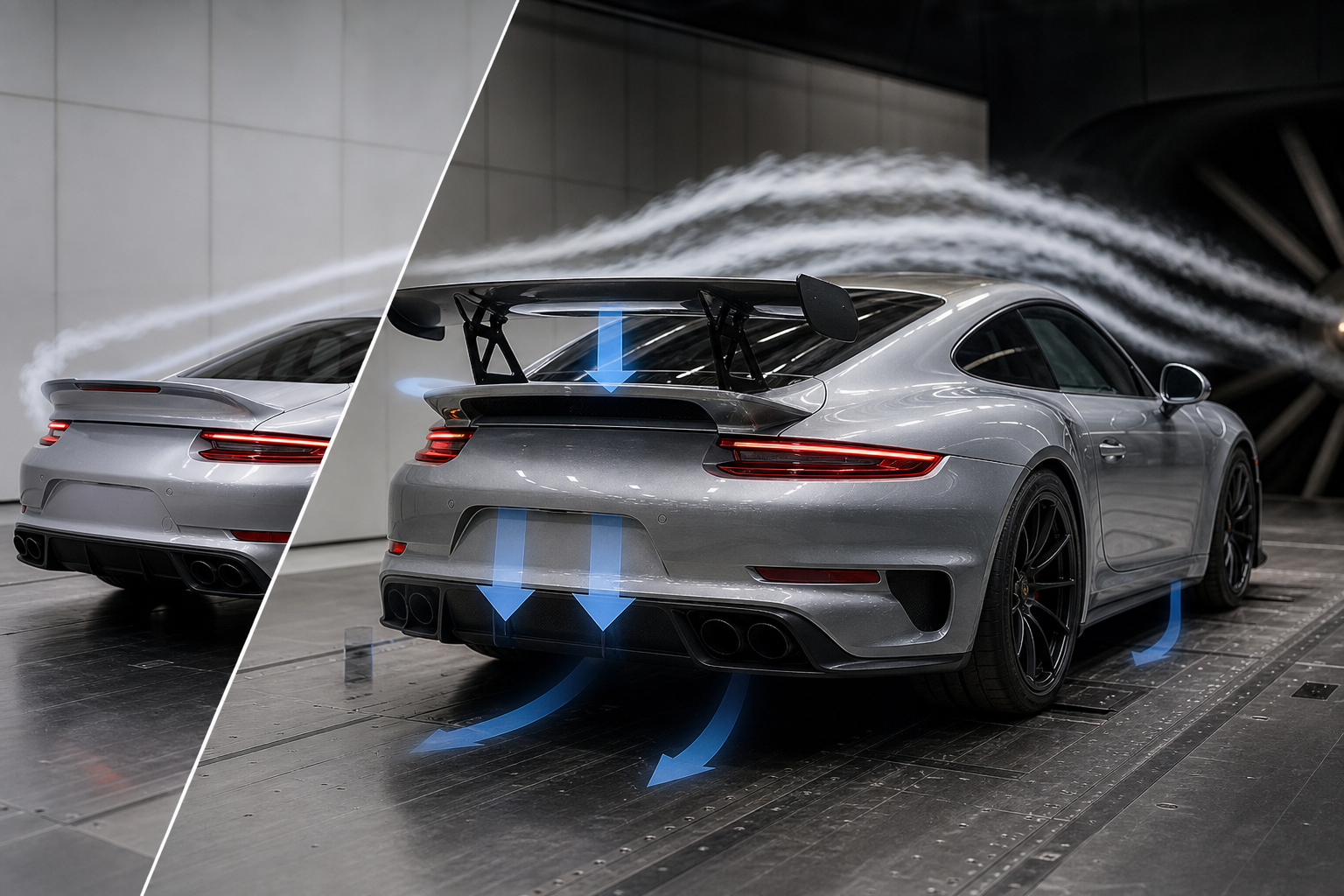 Car spoiler usefulness shown in a wind tunnel with aerodynamic airflow over the rear of a vehicle