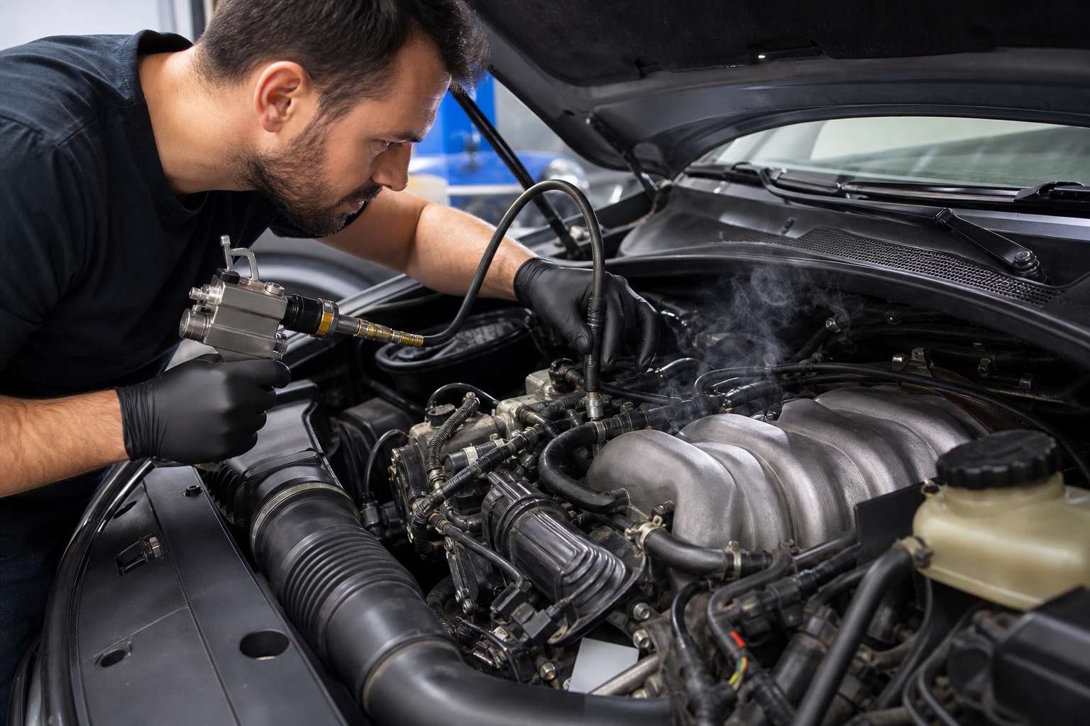 Mechanic diagnosing a car whistling noise from vacuum hoses and intake leaks