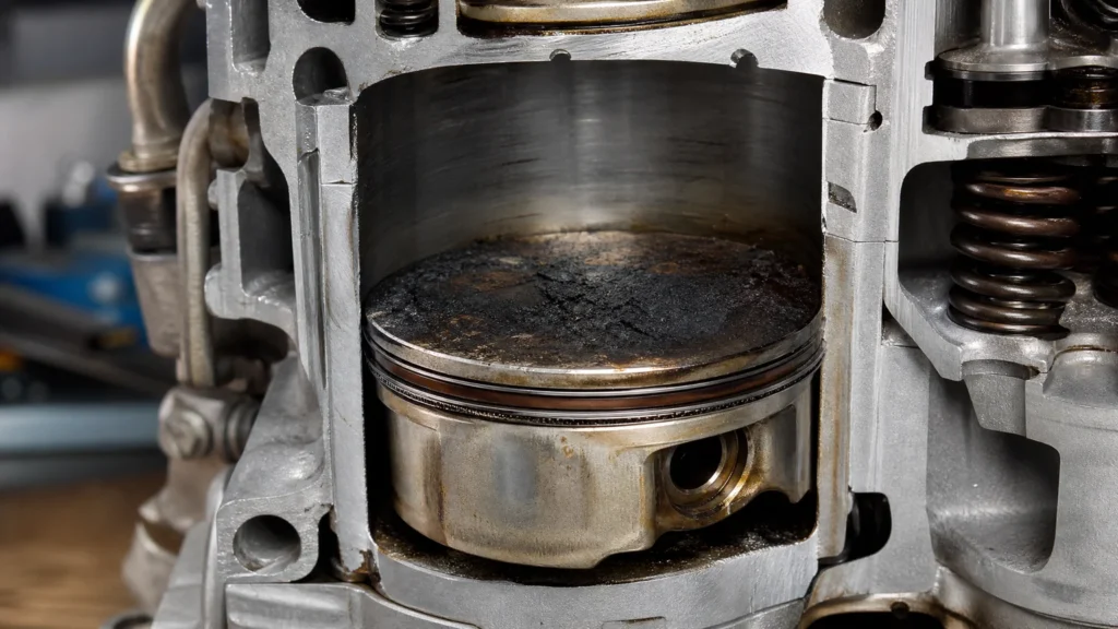 Carbon buildup on a piston crown inside an engine cylinder