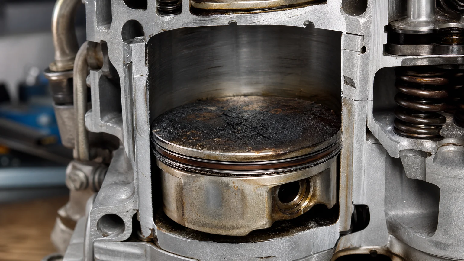 Carbon buildup on a piston crown inside an engine cylinder