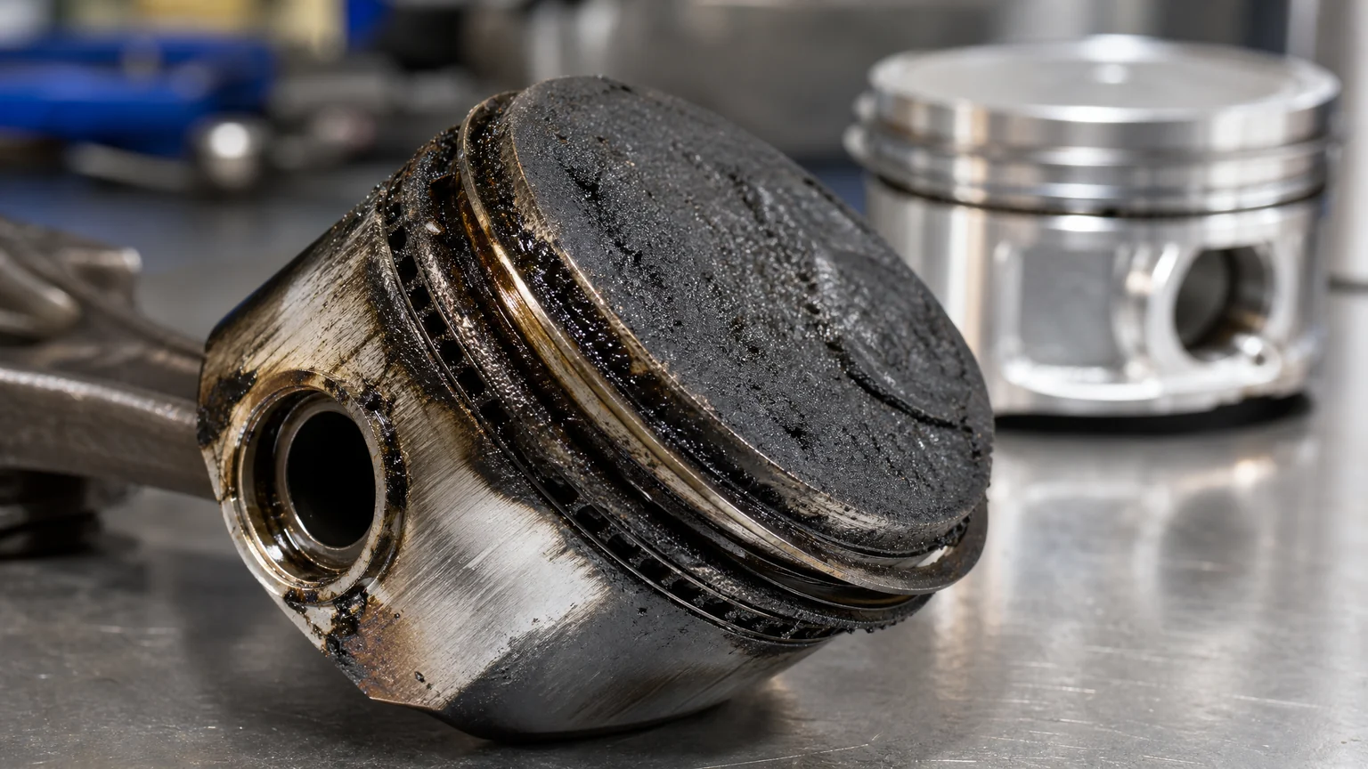 Carbon deposits around piston rings and ring grooves