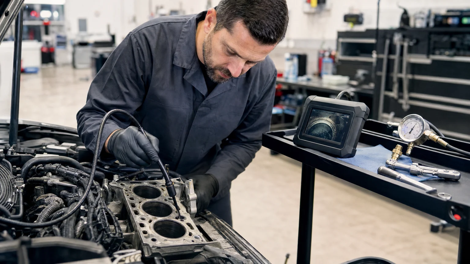 Mechanic diagnosing carbon deposits with a borescope