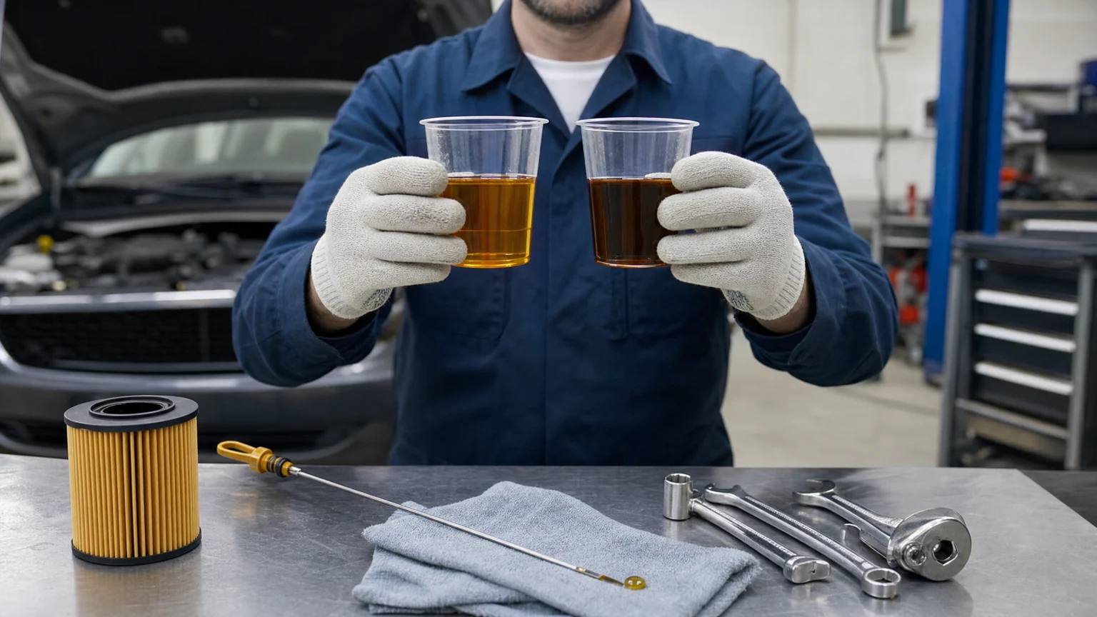 Comparing different engine oil viscosities in sample cups