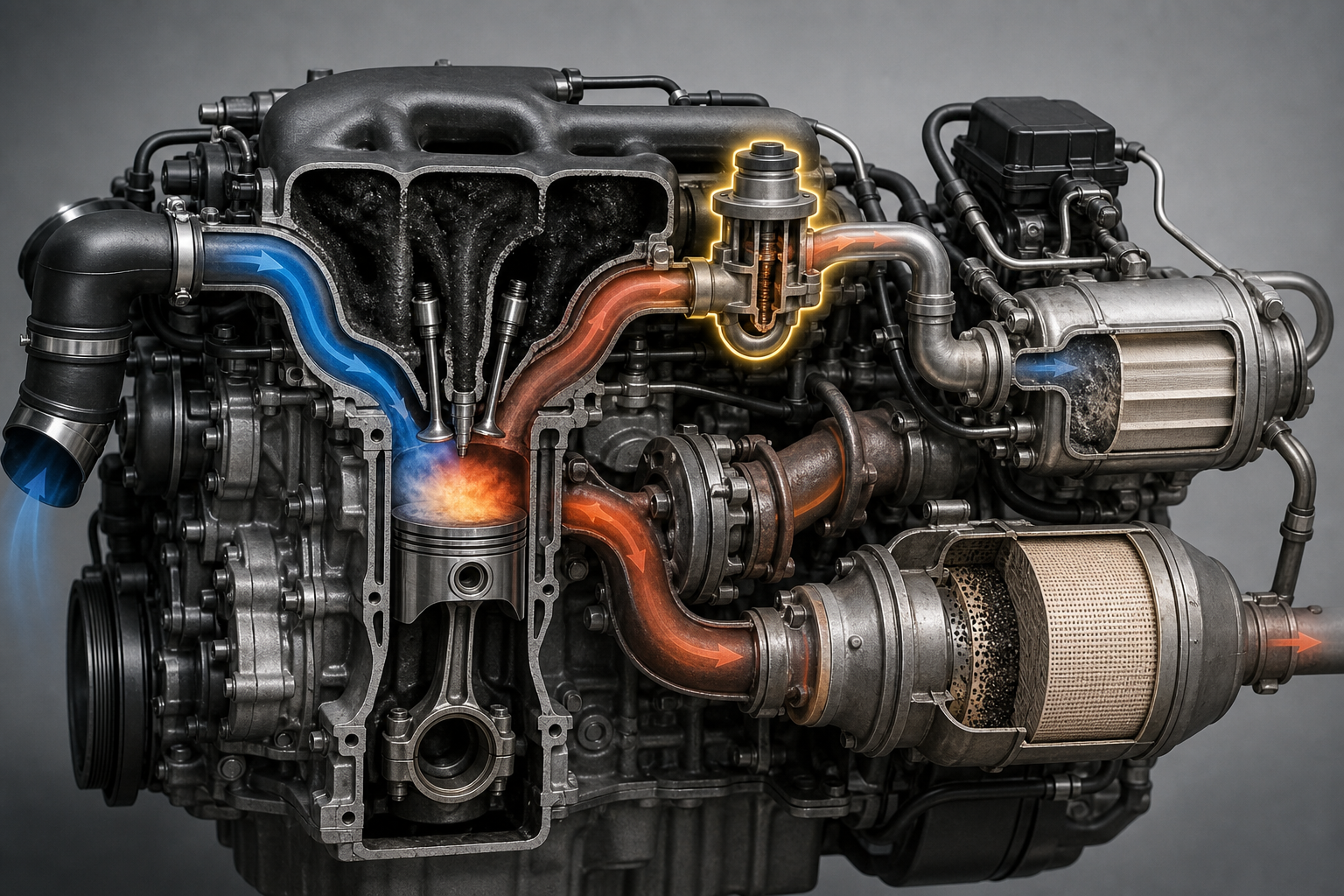 Diesel engine EGR valve and intake system with soot buildup illustration