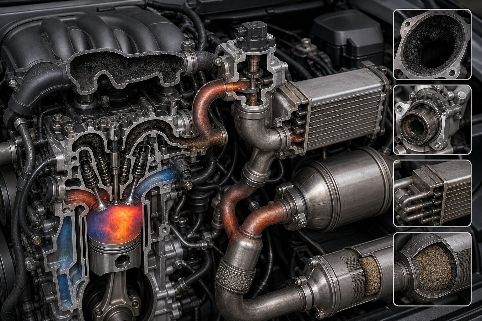 Engine emissions system concept showing EGR valve, exhaust flow, and combustion temperature