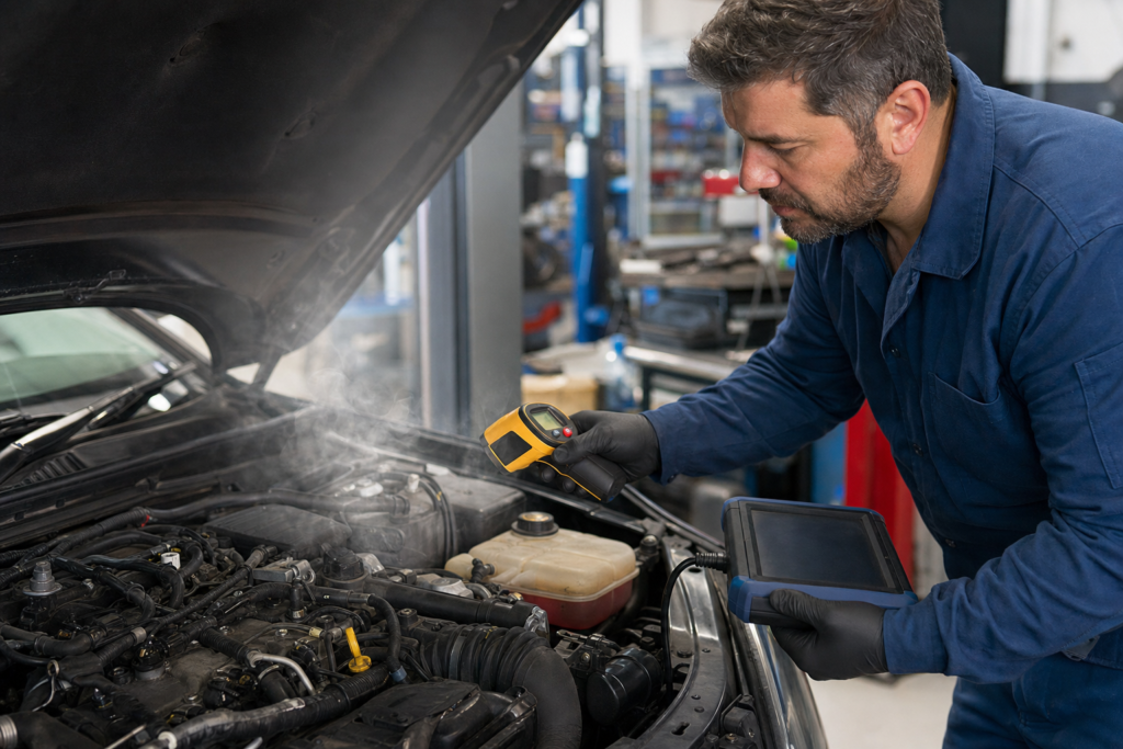Mechanic diagnosing an engine losing power when hot with scan tool and infrared thermometer