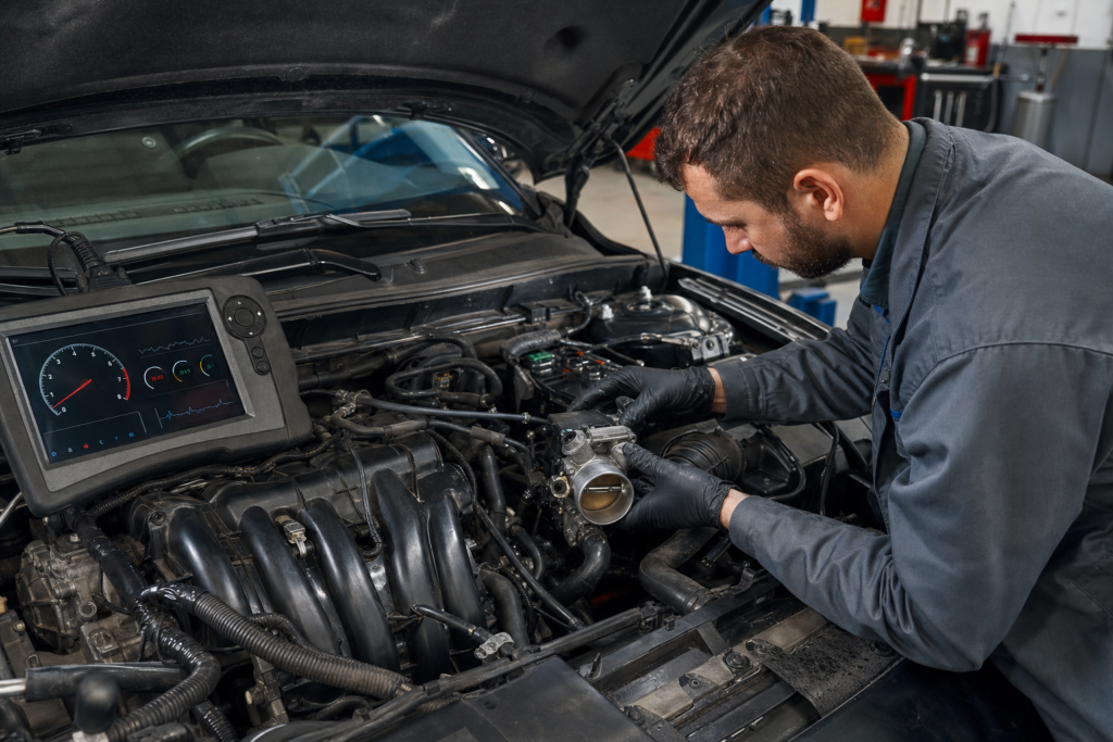 Mechanic diagnosing engine RPM fluctuations with scan tool and throttle body inspection