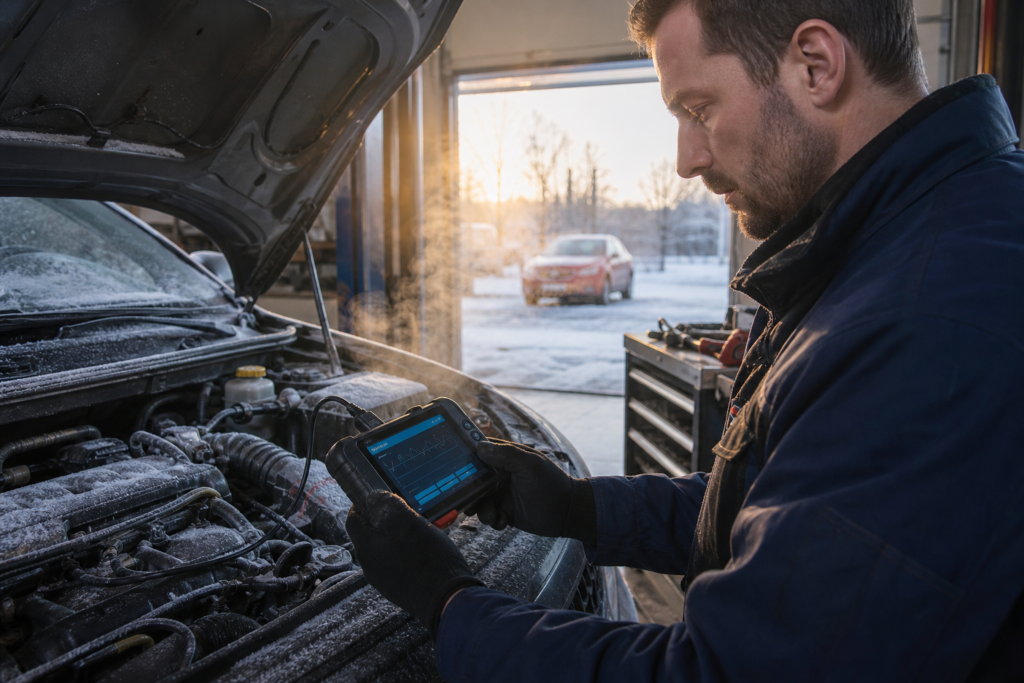 Mechanic using scan tool to diagnose an engine that stalls when cold