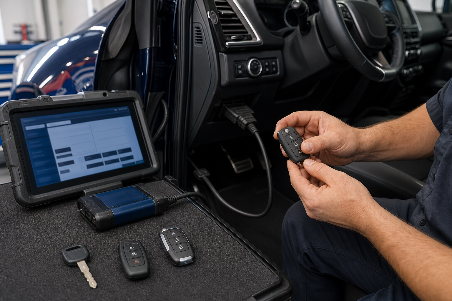 Automotive locksmith programming a replacement Ford-style smart key with diagnostic key programmer