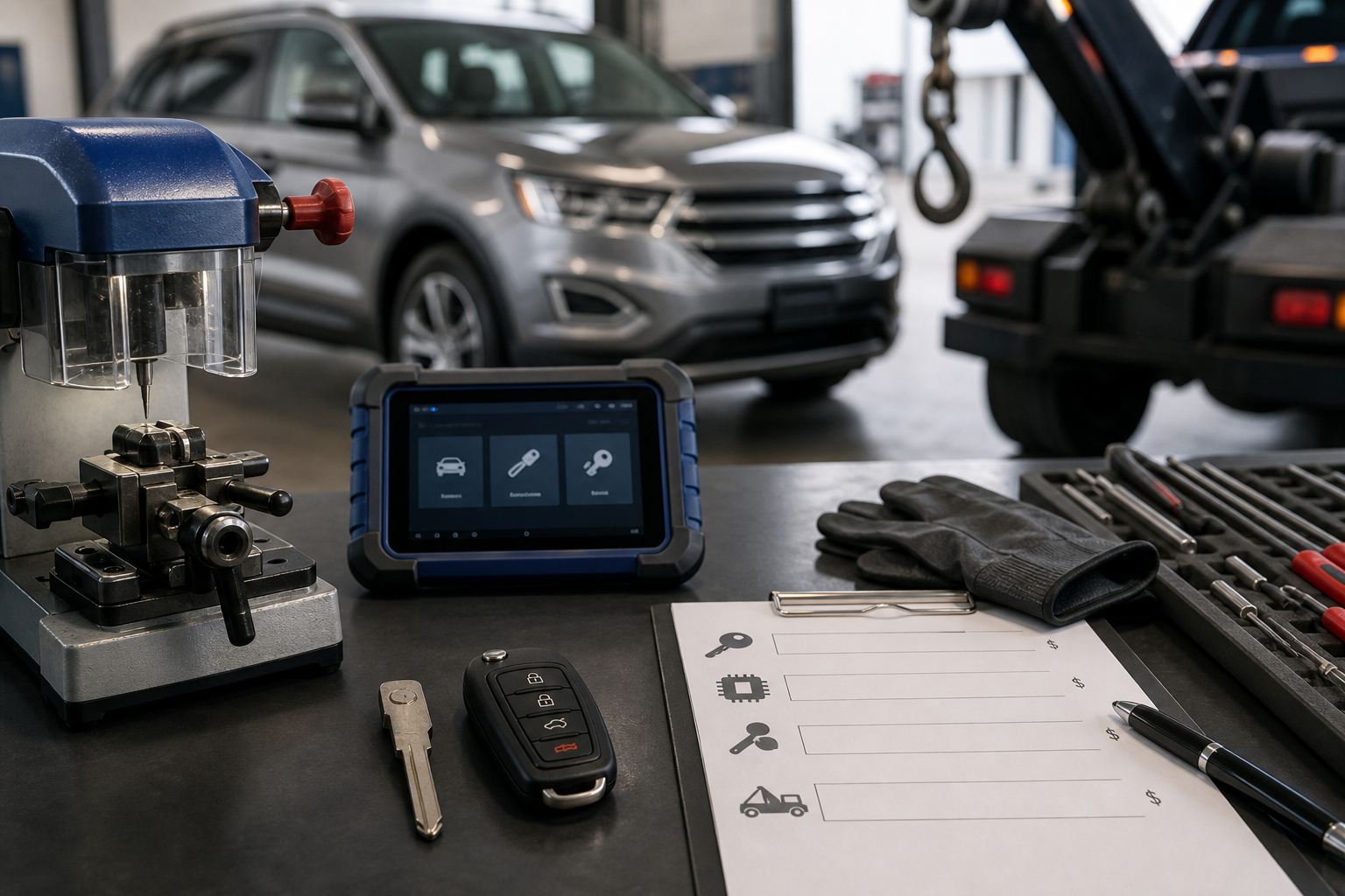 Ford-style key replacement cost factors shown with key blank fob programmer invoice and locksmith tools