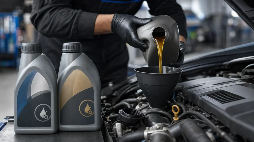 Mixing engine oil viscosities during an oil top-up