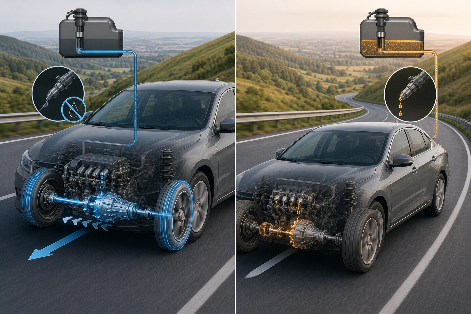 Modern car coasting downhill showing in-gear fuel cut-off versus neutral idle fuel use