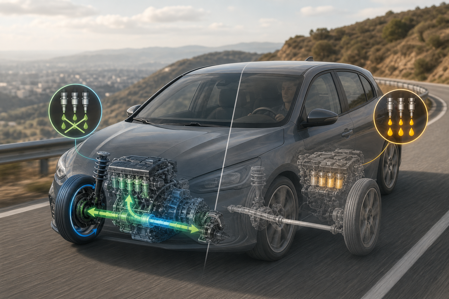 Dashboard fuel economy concept while a car descends a hill in gear instead of neutral