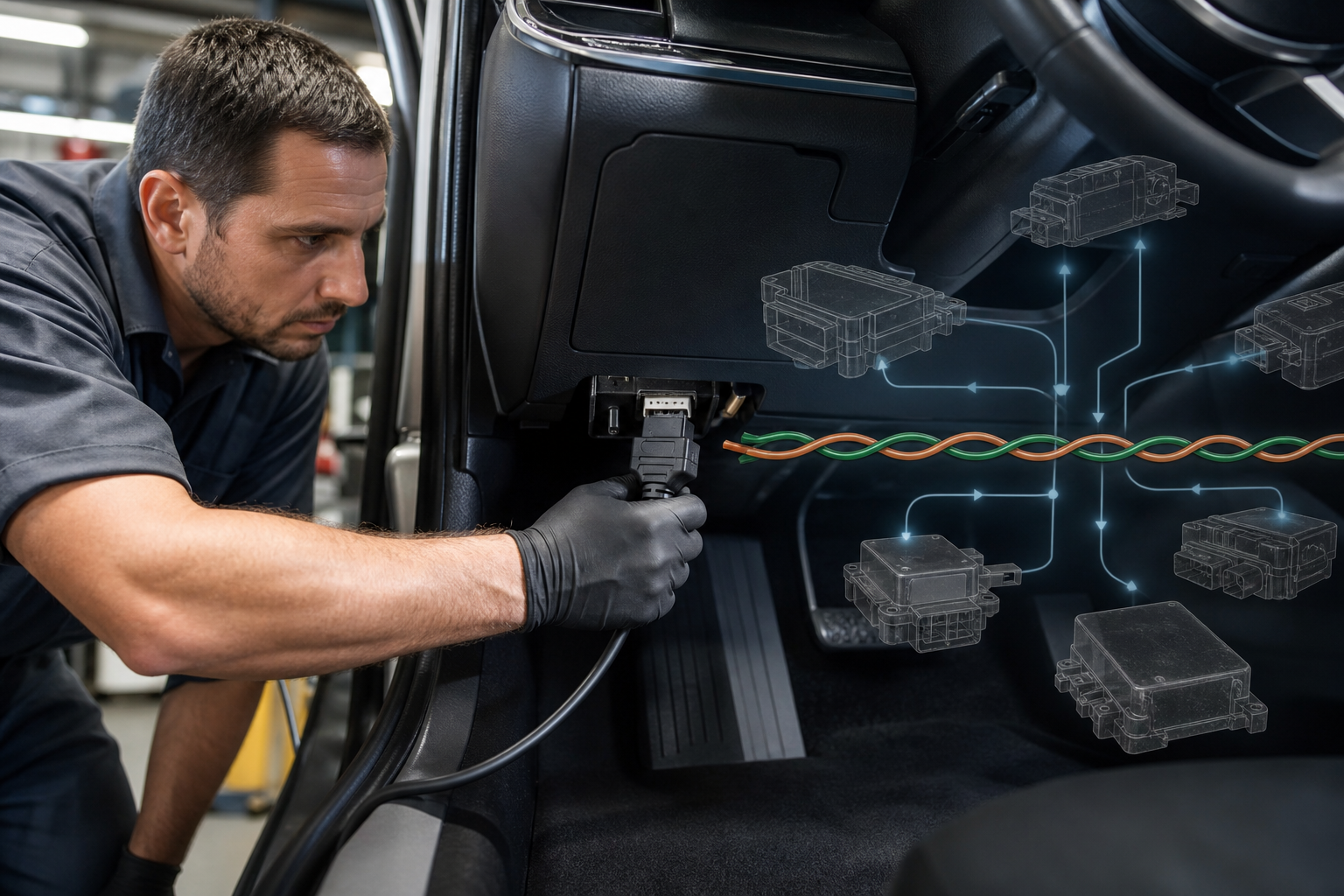 OBD2 scan tool connected under a dashboard with CAN bus wiring and vehicle modules shown as a diagnostic overlay