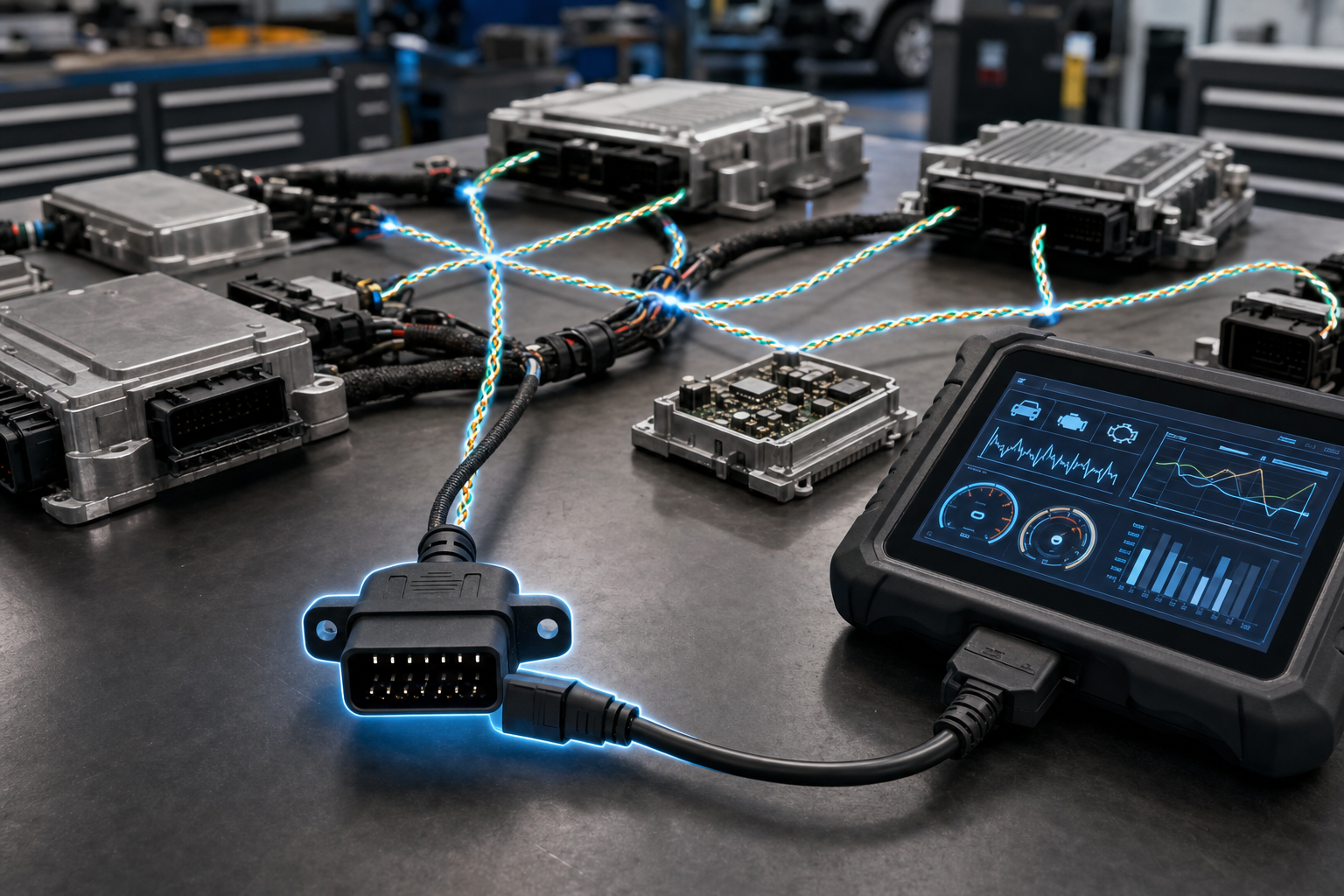 OBD2 connector and CAN bus network modules showing how vehicle diagnostics communicate with ECUs