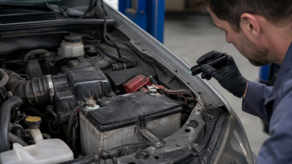 Swollen car battery under the hood