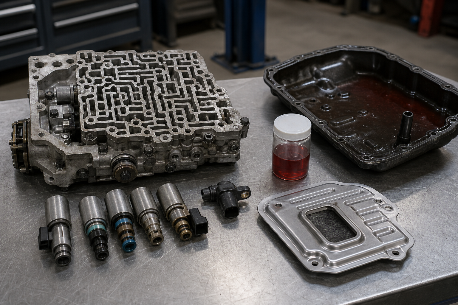 Automatic transmission valve body shift solenoids speed sensor fluid pan and fluid sample on repair bench