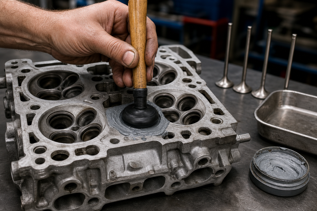 Close-up of valve lapping compound and tool used on a cylinder head