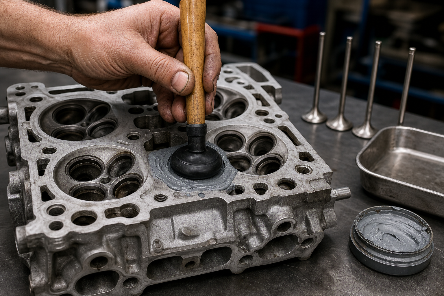 Close-up of valve lapping compound and tool used on a cylinder head