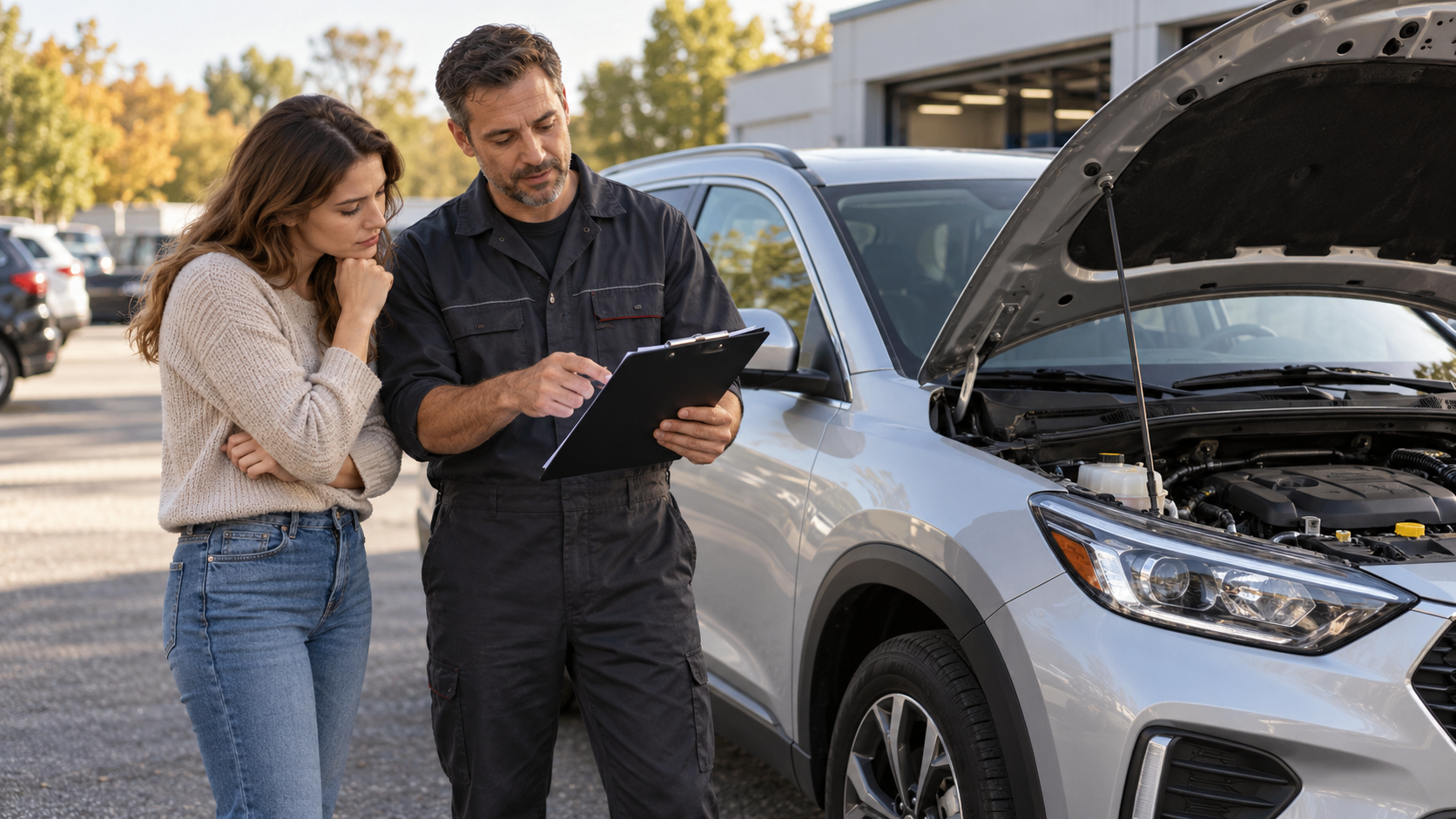 Buyer reviewing a used 2017 Chevrolet Equinox inspection