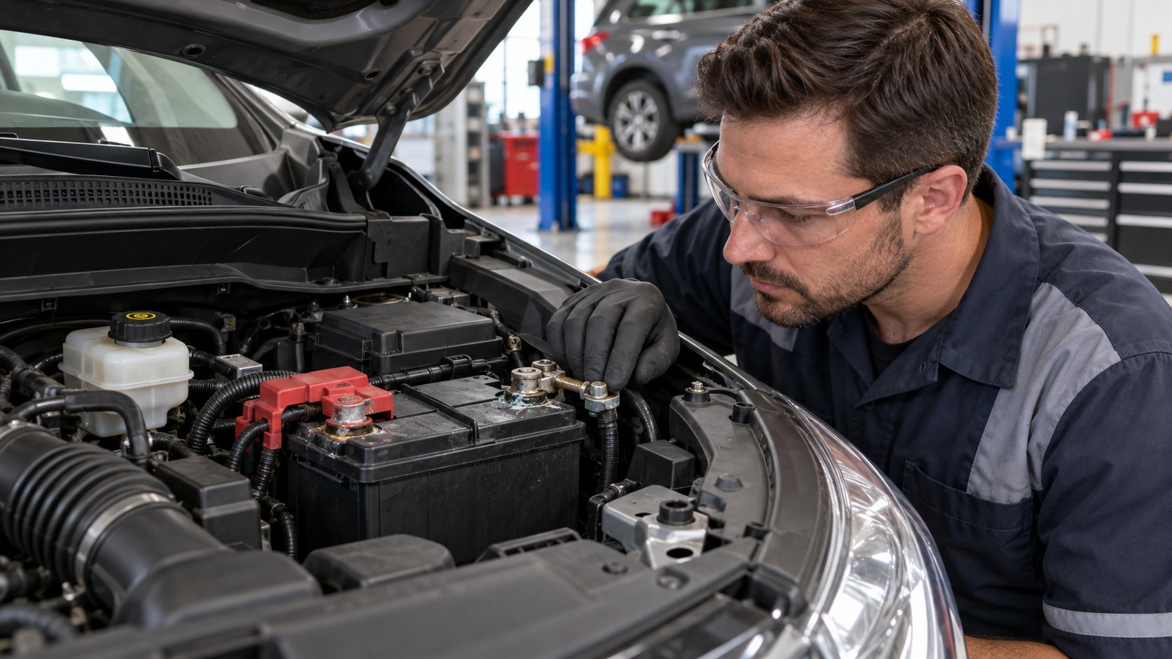 Technician inspecting battery terminals and cable connections.