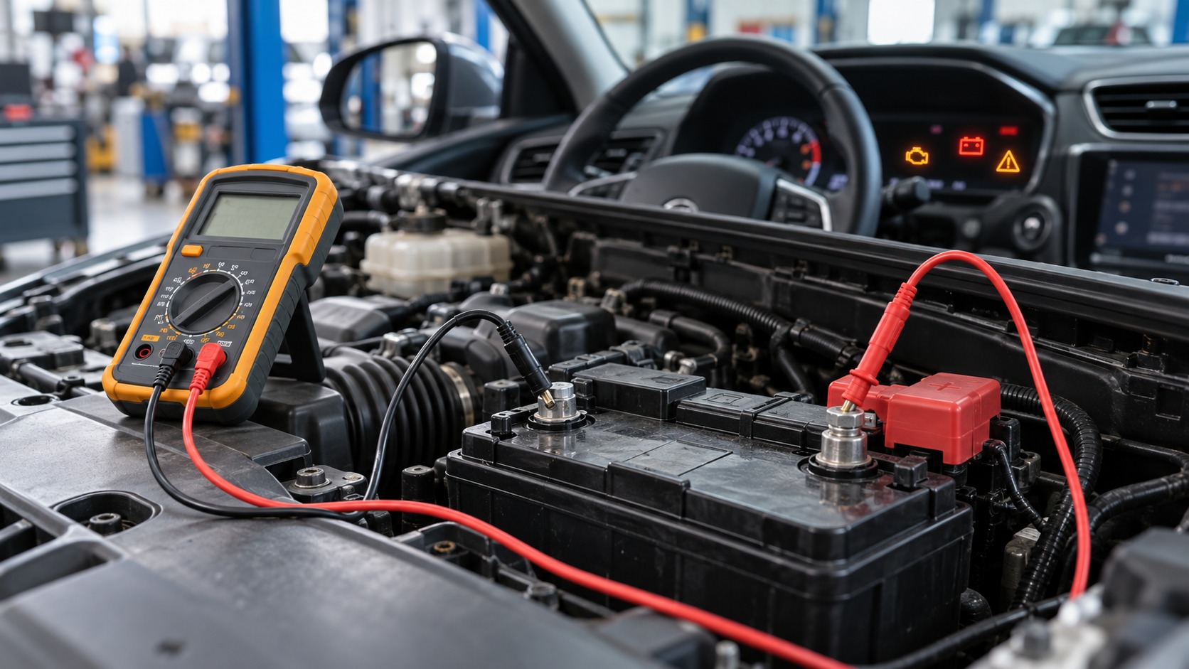 A multimeter checking vehicle battery voltage in an engine bay.