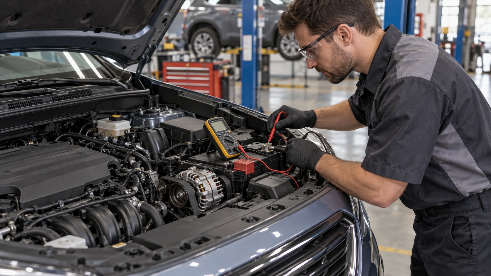 Technician testing a vehicle charging system with a multimeter.