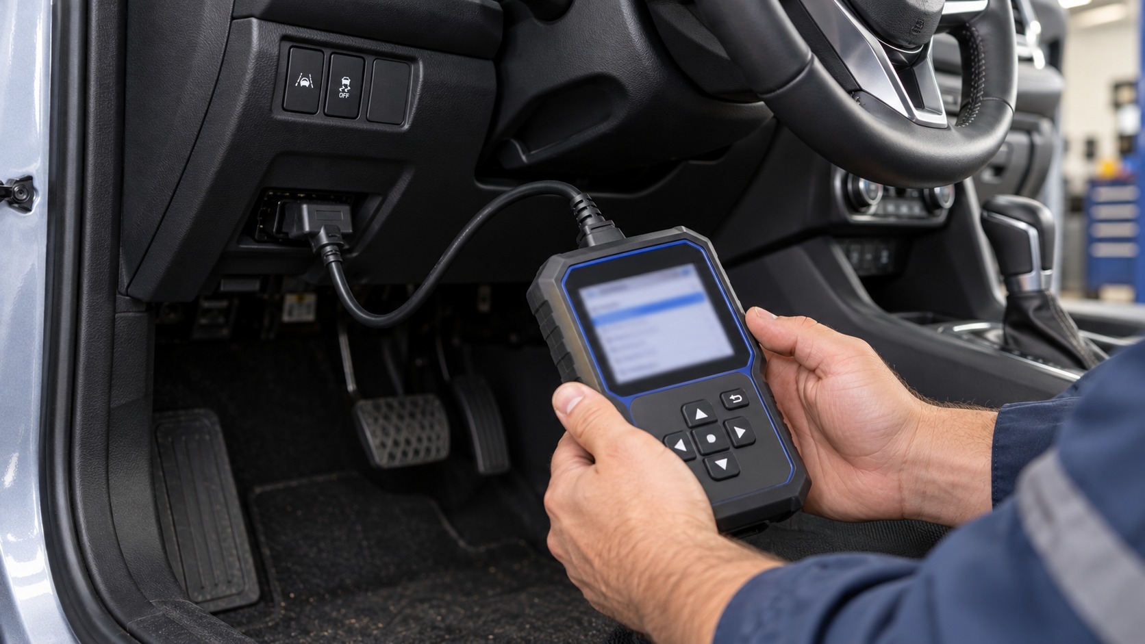 OBD-II diagnostic scanner connected beneath a vehicle dashboard.