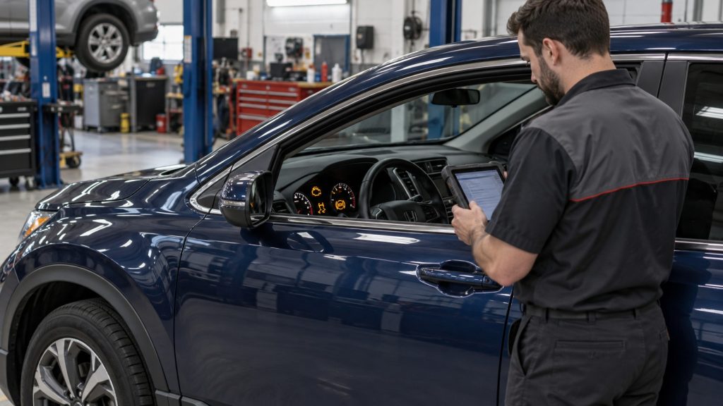 Compact crossover in a repair bay with several dashboard warning lights illuminated.