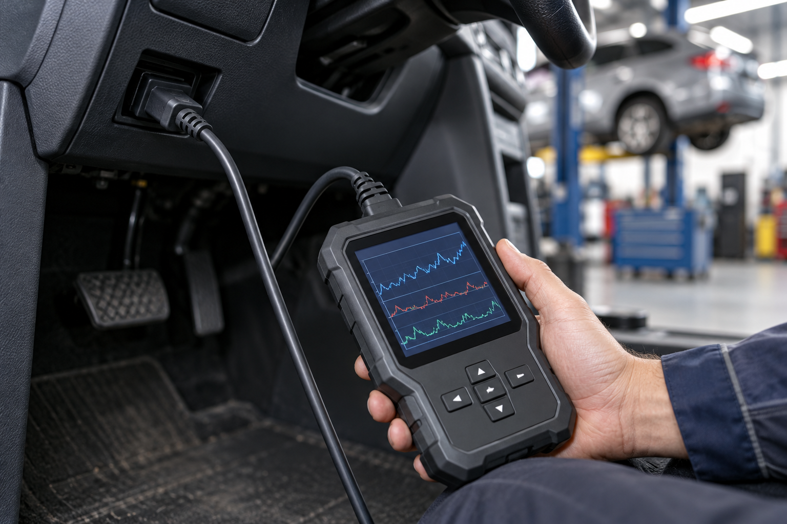 Fiat 500 transmission diagnostic scan tool connected under dashboard