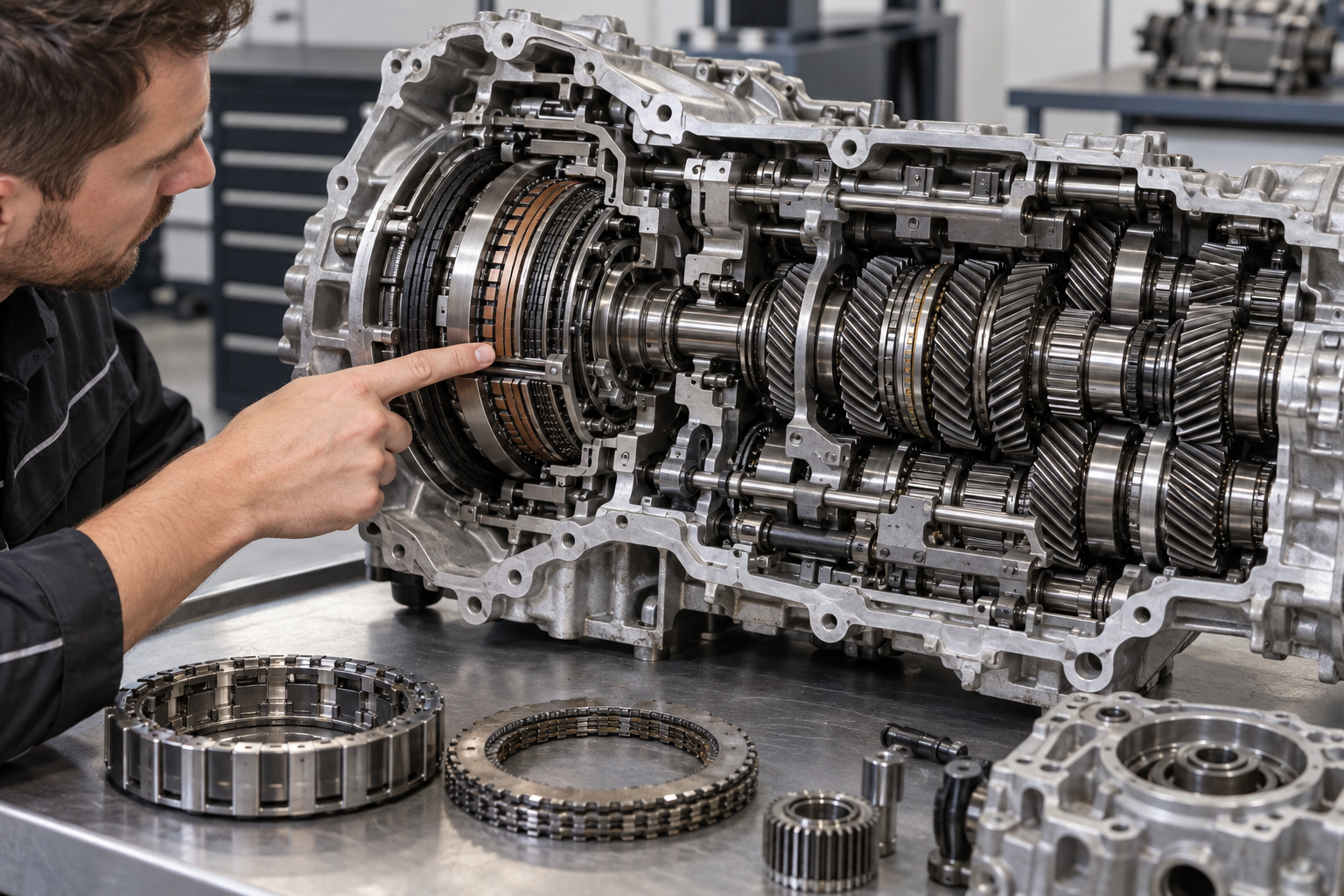 Cutaway-style view of a seven-speed dual-clutch transmission and clutch assemblies.