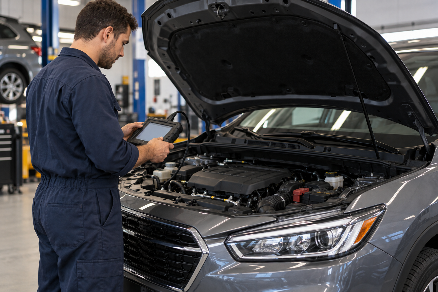 Technician scanning a compact SUV during an engine diagnostic inspection.