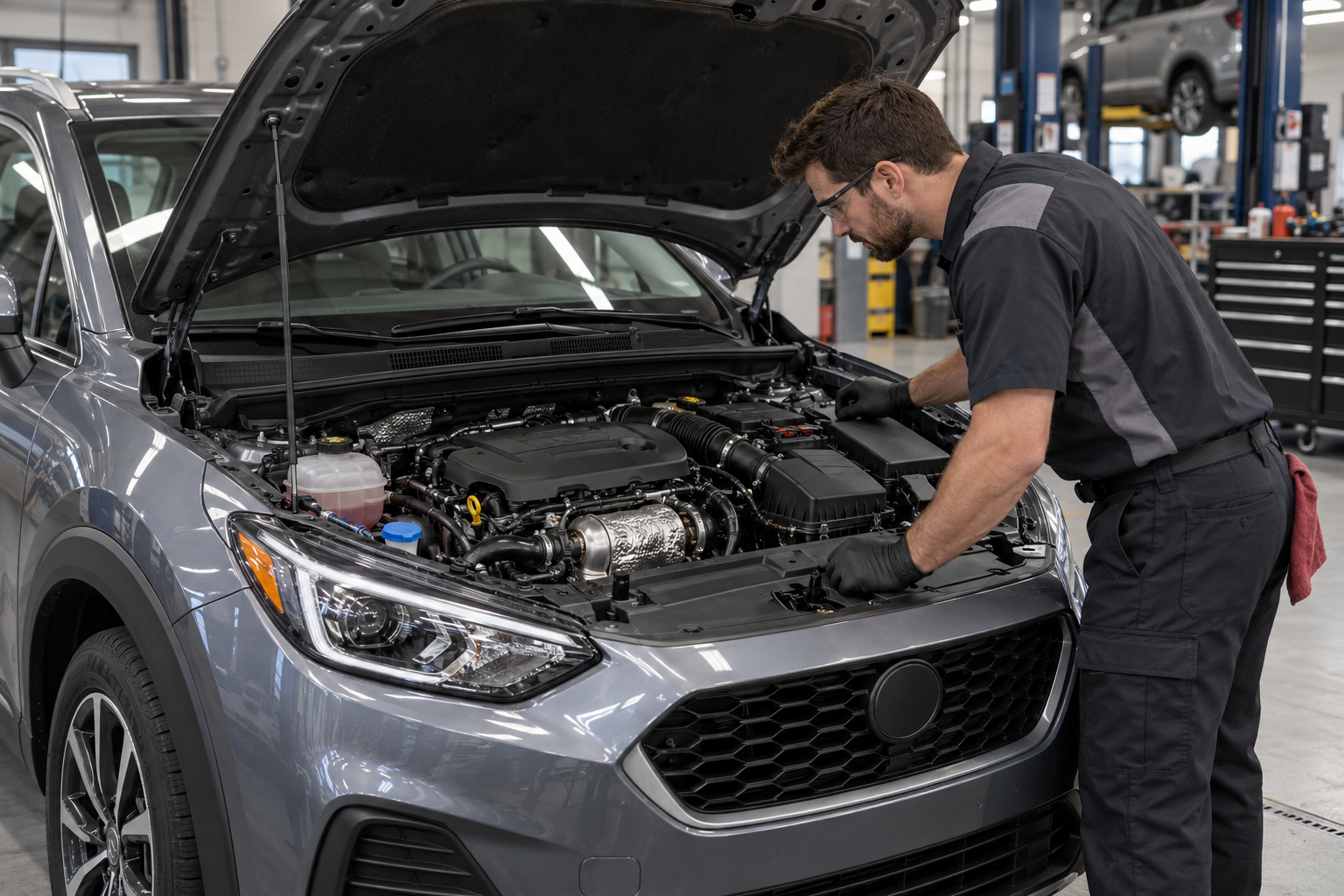Mechanic inspecting the engine bay of a 2017-era compact crossover.