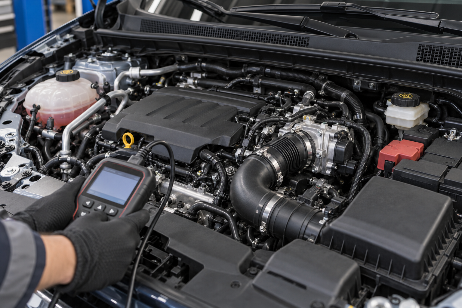 Diagnostic scanner and turbocharged engine bay during a reduced-engine-power inspection.