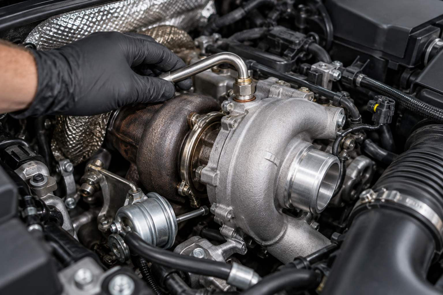 Close-up inspection of a compact turbocharger and oil-feed line.