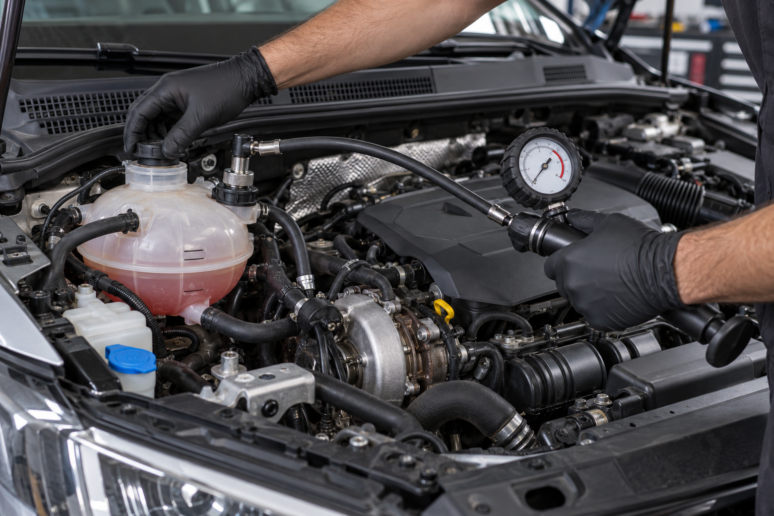 Technician pressure-testing a compact SUV cooling system and checking the coolant reservoir.