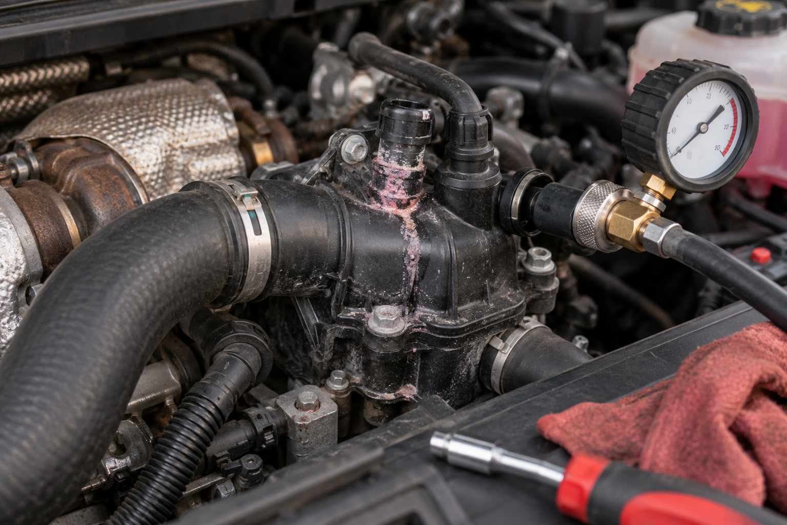 Cooling-system housing with visible coolant residue during a pressure-test inspection.