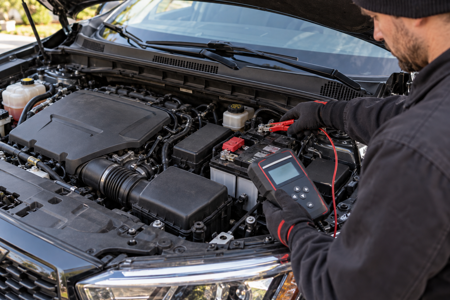 Technician testing a compact SUV battery and charging system.