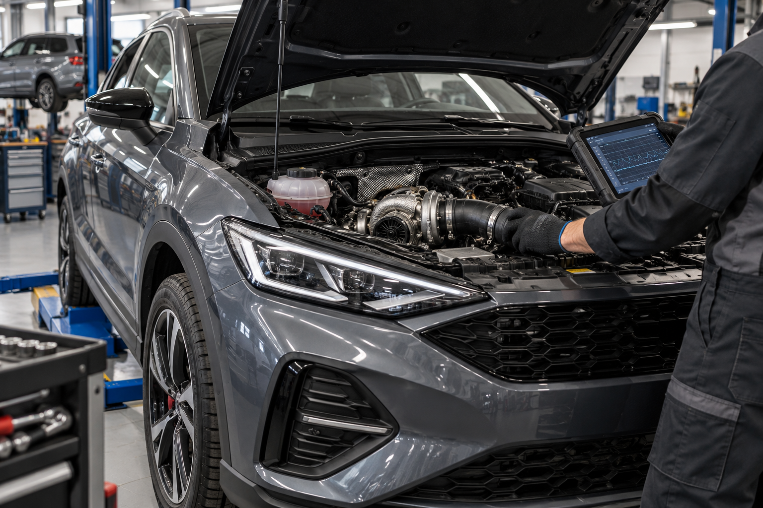 Mechanic inspecting a compact SUV engine bay while diagnosing hesitation.