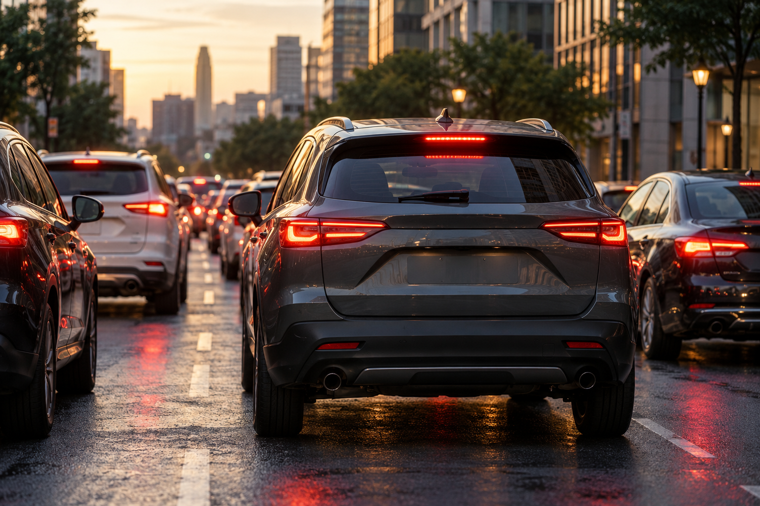 Compact crossover moving away from a stop in slow city traffic.