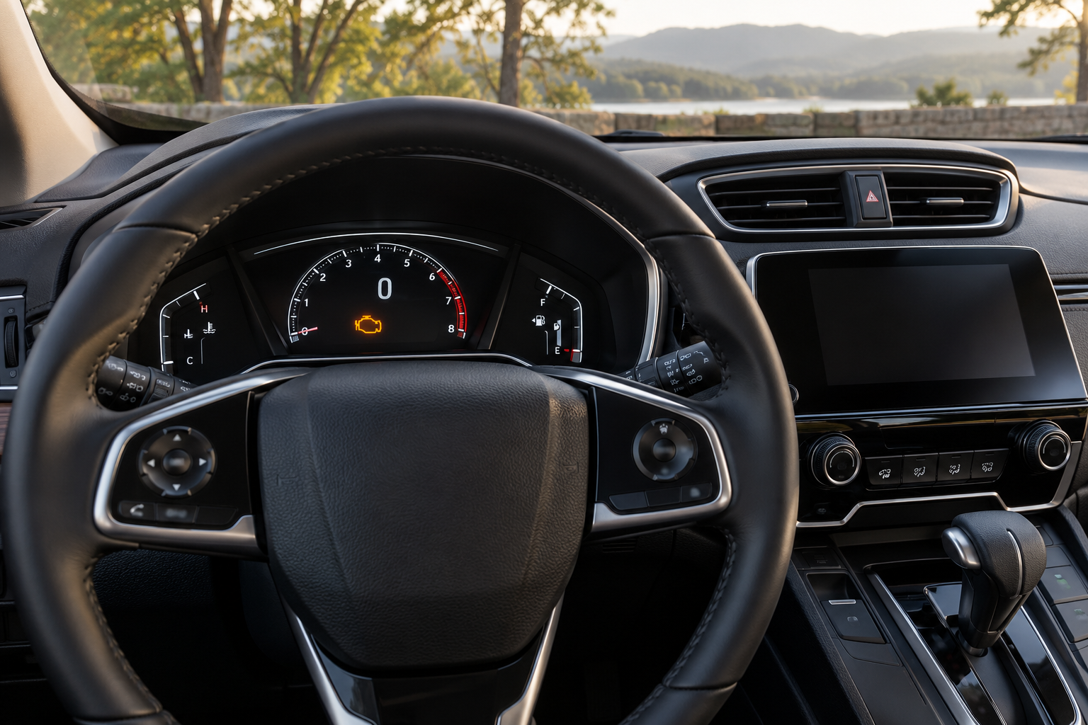 A parked compact SUV dashboard with a check-engine warning illuminated.