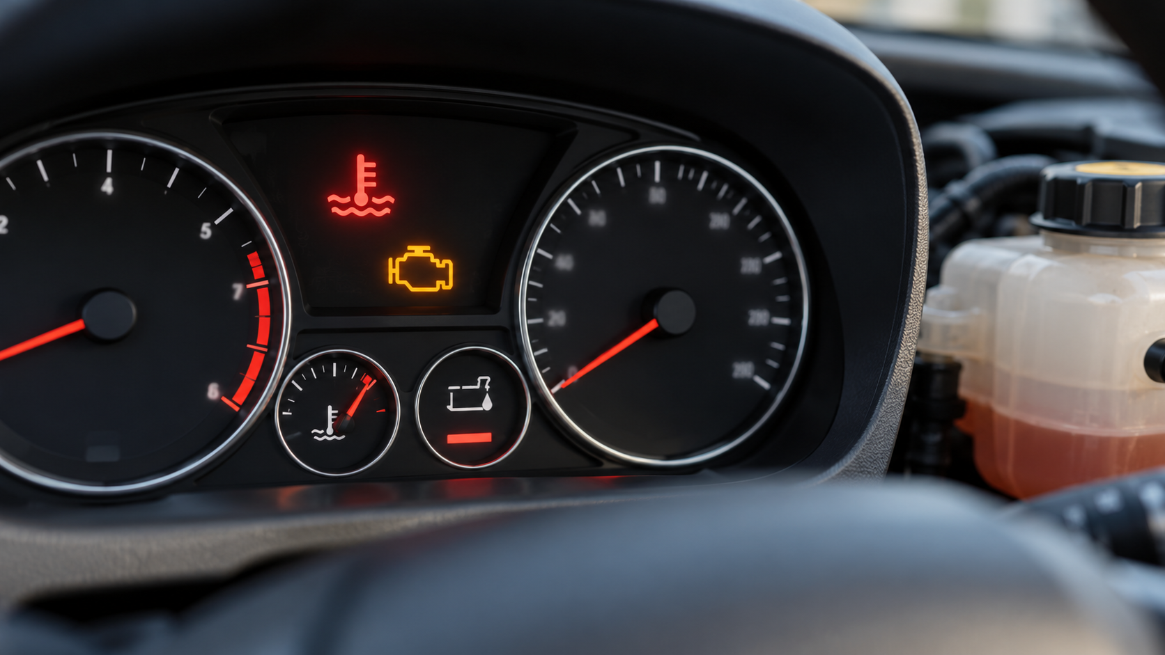 Dashboard with generic temperature and engine warning lights.
