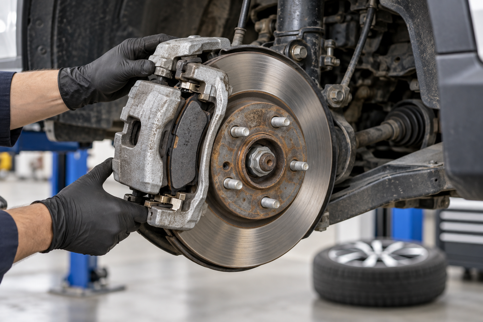 Close-up inspection of a compact SUV brake caliper, pads, and rotor.